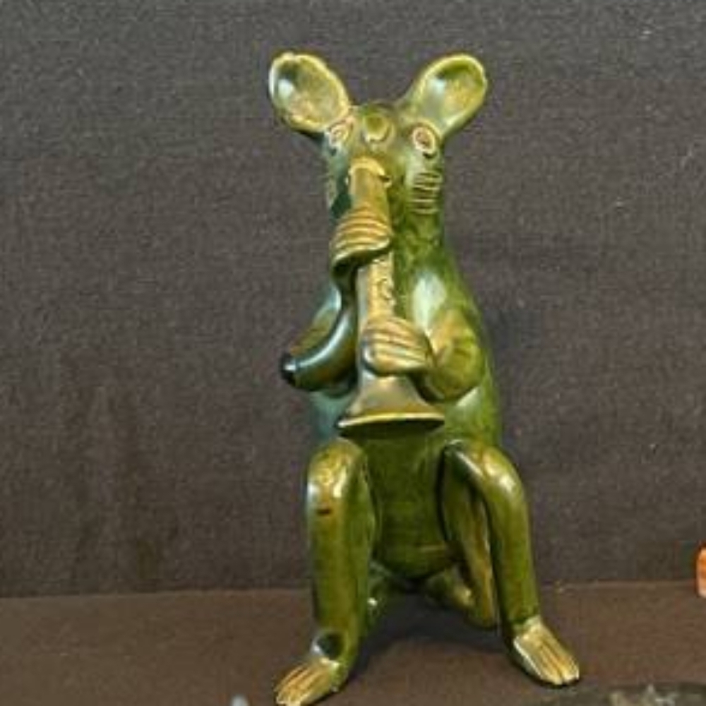 Vintage Green Musical Mouse Folk Art Pottery Figure Flower Frog Artisan Handmade